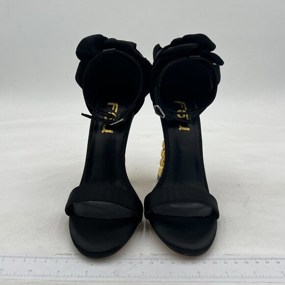 FSJ Black Flower Gold Metal Chain Chunky High Heels Ankle Strap Sandals Open Toe - Picture 3 of 8